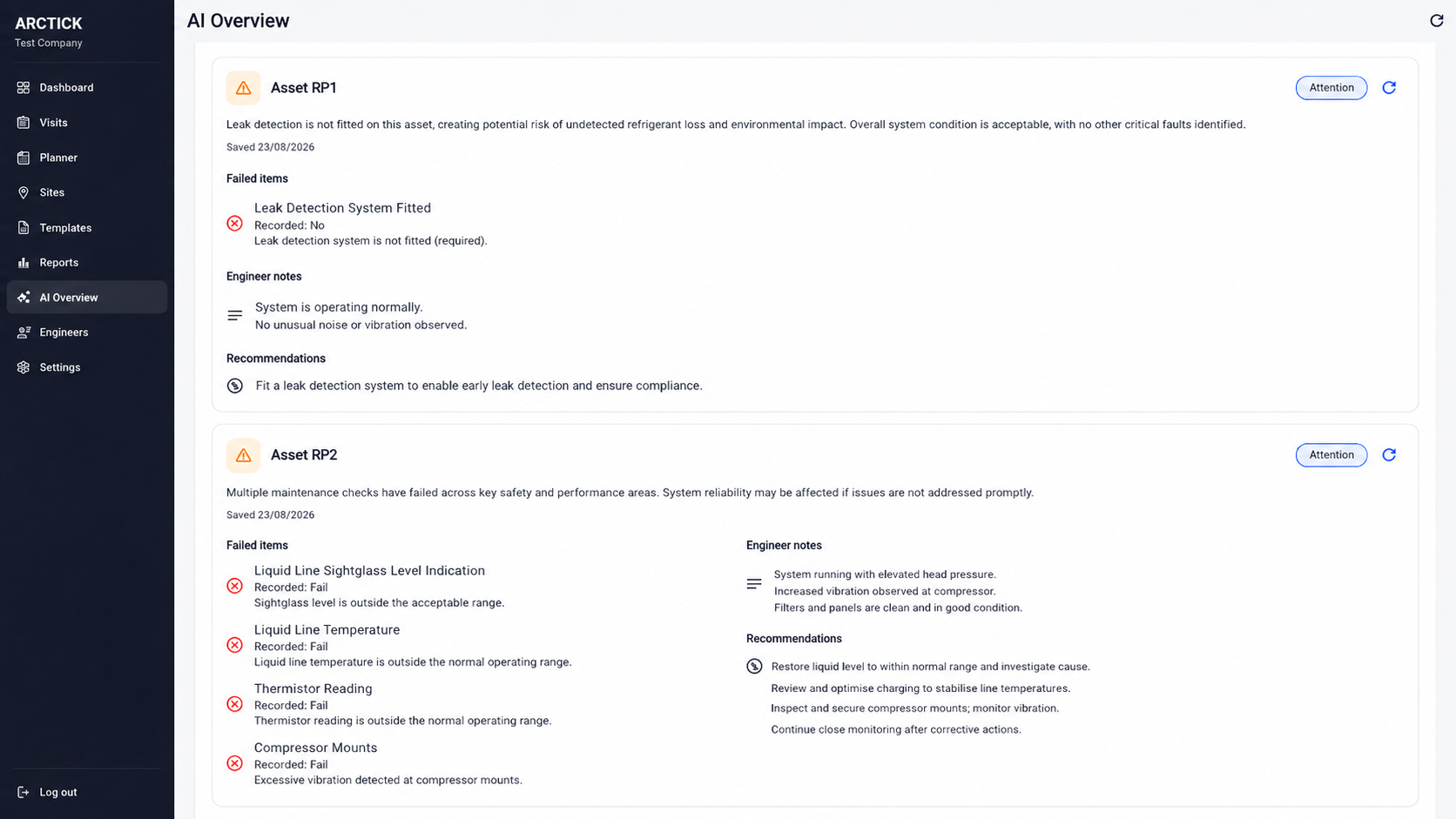 Arctick AI Overview highlighting maintenance faults and recommendations